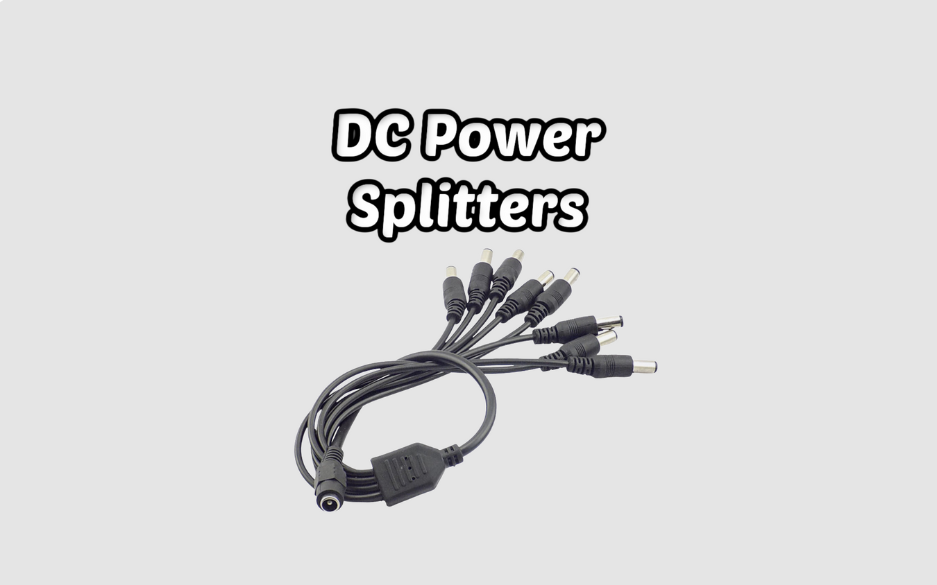 A collection of DC power splitters featuring black housing, 5.5x2.1mm barrel connectors, and multiple output cables for CCTV and LED strip lighting