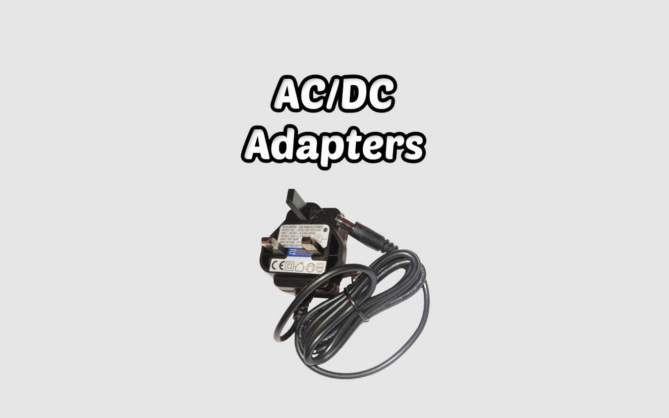 AC/DC adapter collection image featuring multiple power conversion solutions and connector types for universal device charging and operation.