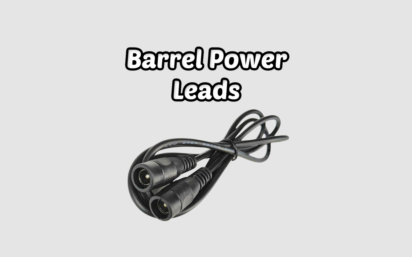 Barrel powered leads collection image displaying various barrel connector types and power cable solutions for electronic equipment.