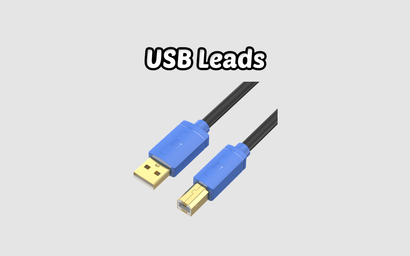 Collection of USB leads and cables in various types including USB-A, USB-C, and Micro USB connectors arranged for product showcase.