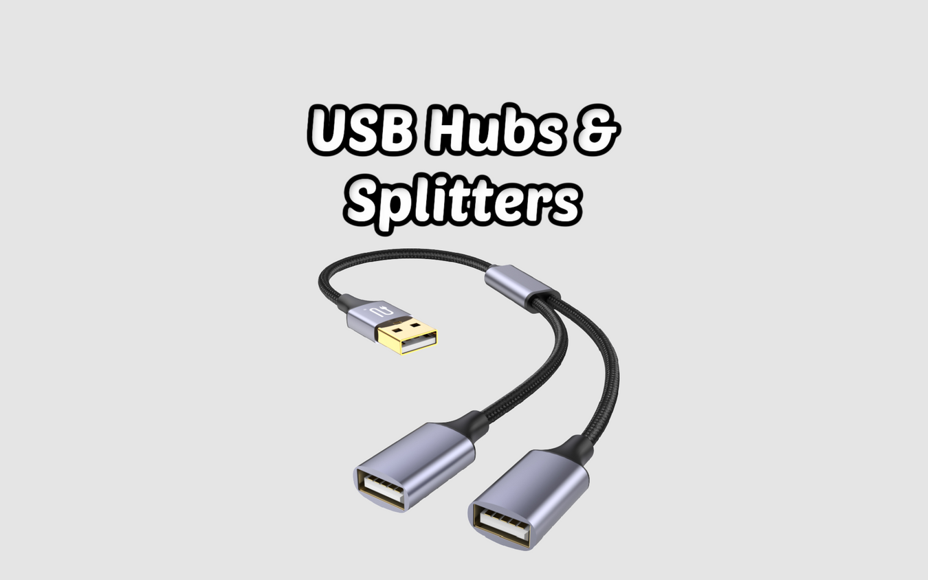 Range of USB hubs and splitters in different colours and configurations, designed to expand connectivity options for computers and laptops.