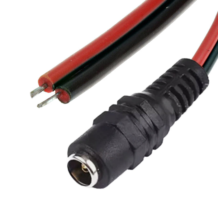 12V 5A DC power pigtail cable featuring a 5.5x2.1mm female socket connector to 25cm bare wire leads.