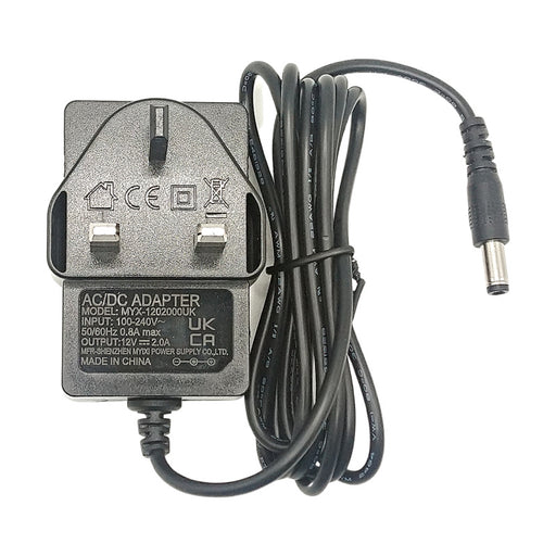 12V 2A 24W AC/DC Power Supply Adapter with UK Plug and 5.5x2.1mm Barrel Connector for CCTV and LED Strip Lights.
