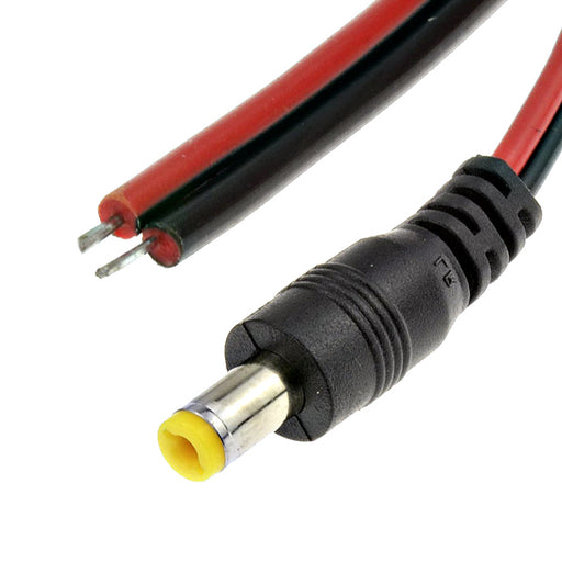 12V 5A DC male pigtail cable with 5.5mm x 2.1mm barrel plug and 25cm tinned bare wire ends