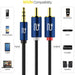 3.5mm to RCA stereo audio cable compatible with phones, laptops, speakers, car stereos, amplifiers, turntables, and DJ mixers with gold-plated connectors.