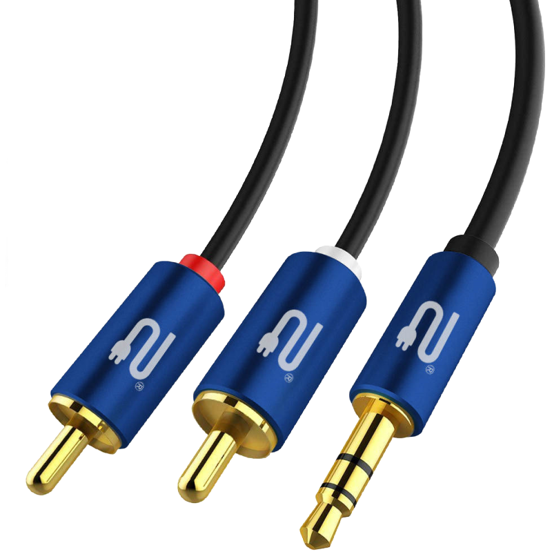 Premium 3.5mm to dual RCA stereo audio cable with gold-plated connectors and OFC conductors for crystal-clear sound quality