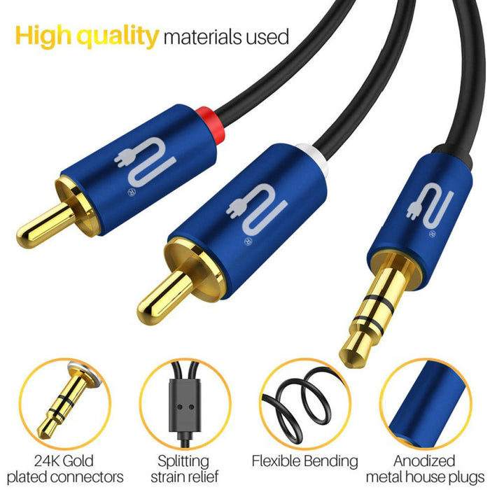 Audio cable with blue connectors and gold plugs on a white background, highlighting high-quality materials.