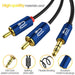 Audio cable with blue connectors and gold plugs on a white background, highlighting high-quality materials.