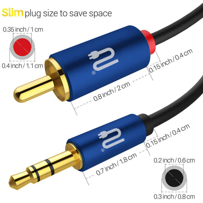 Two audio cables with blue connectors and gold plugs, showing dimensions on a white background.