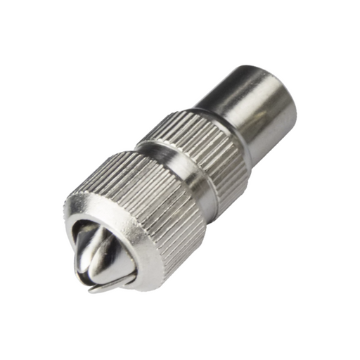 Male TV aerial coax plug zinc alloy solder-free RF connector back angle view