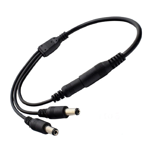 3-way DC power splitter adapter with 2.1mm x 5.5mm connectors for 12V systems, CCTV cameras, and LED lighting installations.