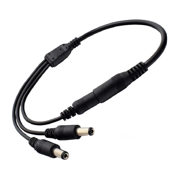3-way DC power splitter adapter with 2.1mm x 5.5mm connectors for 12V systems, CCTV cameras, and LED lighting installations.