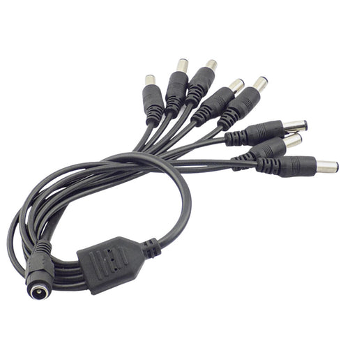 8-way DC power splitter adapter with 2.1mm and 5.5mm connectors for 12V power supply distribution to CCTV cameras and LED systems.