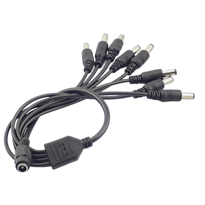 8-way DC power splitter adapter with 2.1mm and 5.5mm connectors for 12V power supply distribution to CCTV cameras and LED systems.