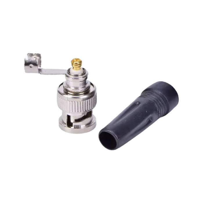 Internal view of an RG59 BNC male twist-on plug showing the connector body, gold centre pin, and protective sleeve for CCTV coaxial cable