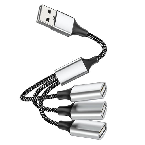 Black nylon braided 3-port USB 2.0 splitter cable, 1 male to 3 female USB-A ports, designed for simultaneous data transfer and charging, 480Mbps speed. 