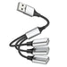Black nylon braided 3-port USB 2.0 splitter cable, 1 male to 3 female USB-A ports, designed for simultaneous data transfer and charging, 480Mbps speed. 