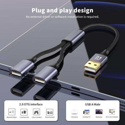 Premium USB 2.0 A Male to 2 Dual Female Fast Charging Data Y Splitter Cable Gold