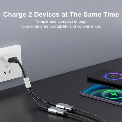 USB 2.0 Y splitter cable connected to laptop for dual device charging