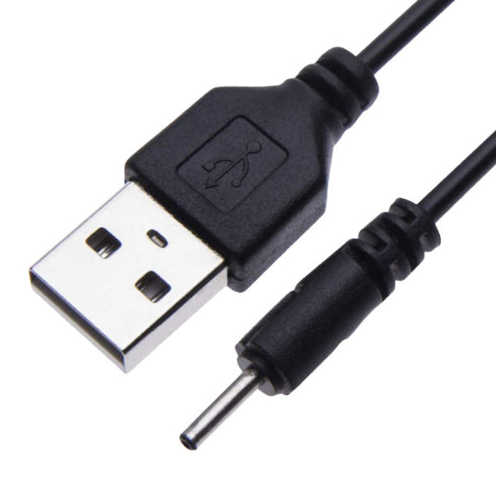 USB Type-A to 2.5mm × 0.7mm DC barrel jack power cable delivering 5V 2A for tablets, fans, cameras, and portable devices with centre-pin positive polarity