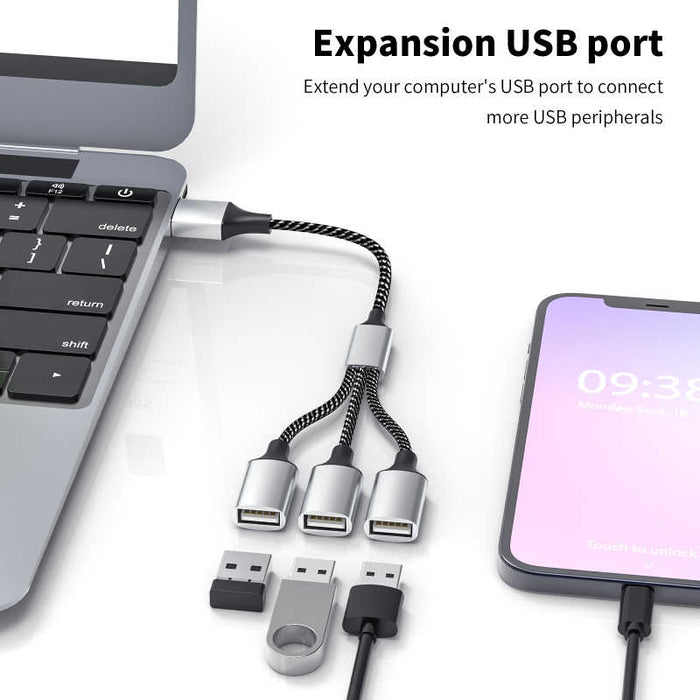 3-Port USB 2.0 Splitter Cable, 1 Male to 3 Female Hub, Data & Charging