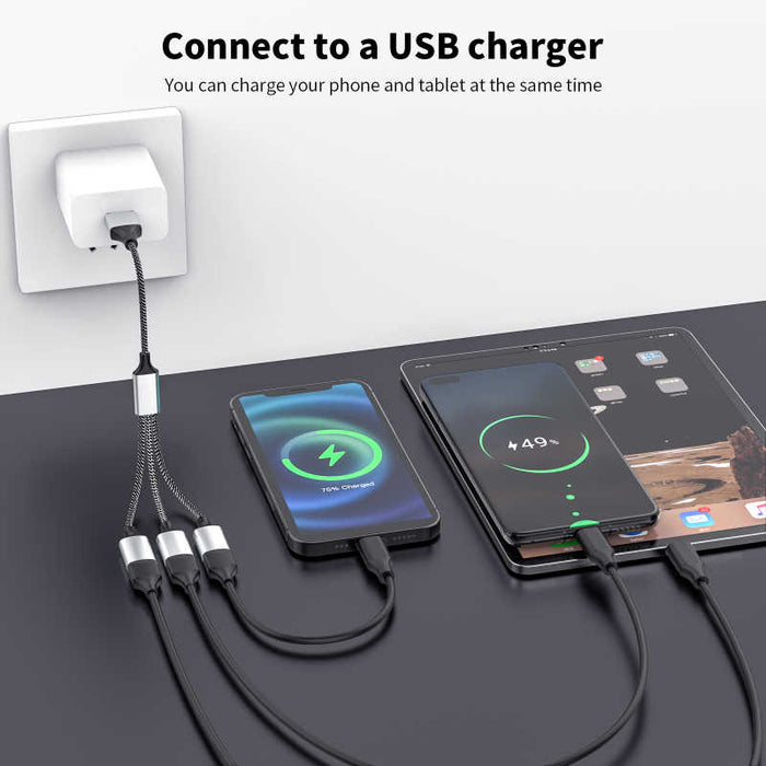 3-Port USB 2.0 Splitter Cable, 1 Male to 3 Female Hub, Data & Charging