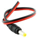 A black DC power extension lead with a red and black barrel plug to a bare end, 25cm in length.