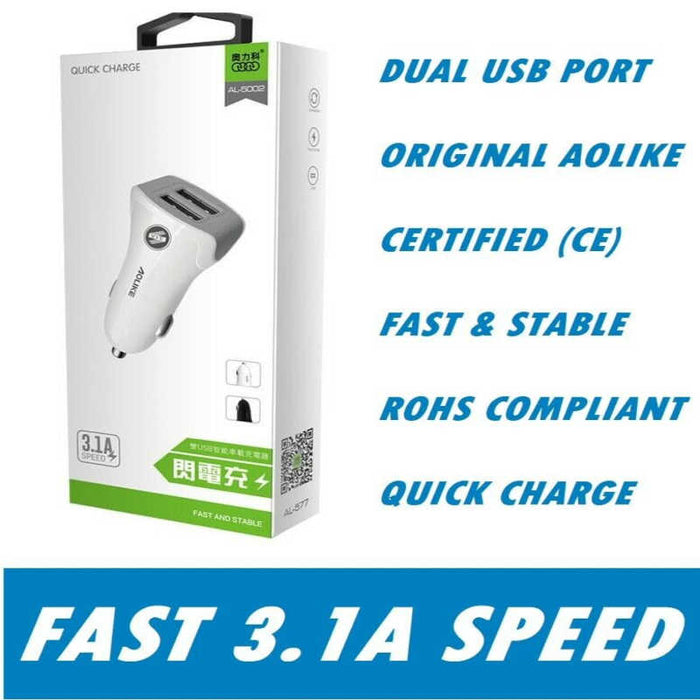 3.1A DUAL USB CAR CHARGER ADAPTER 2 PORT 12-24V CIGARETTE SOCKET COMPATIBLE FOR iPHONE X XS-SAMSUNG-HTC-SONY-HUAWEI AND MANY MORE - OZZIE BRAND ELECTRONICS