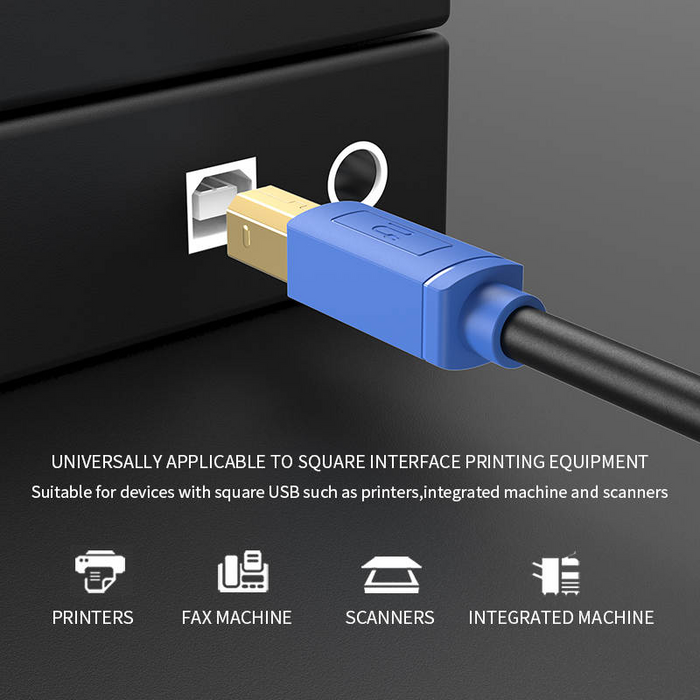 USB Type B printer cable connected to device port, shielded digital connection for printer and scanner
