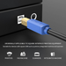 USB Type B printer cable connected to device port, shielded digital connection for printer and scanner
